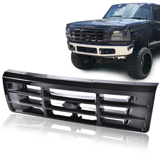 G-PLUS Front Grille Grill Compatible with 1992-1996 Bronco/1992-1997 Ford F150 F250 F350 Platinum Chrome w/Emblem Truck Replacement, Gloss Black FO1200173 FO2512130 FO2513131