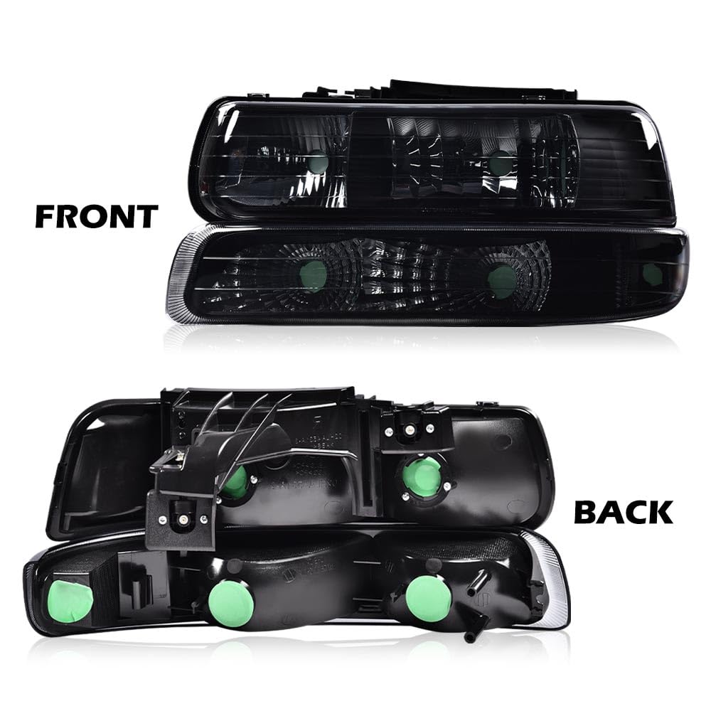 G-PLUS Headlights Assembly, Compatible with 1999-2002 Chevy Silverado/ 2000-2006 Suburban Tahoe Bumper Headlamps, Smoky Lens Black Housing Clear Reflector,faros delanteros