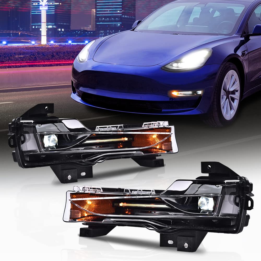 G-PLUS Fog Lights Compatible with Tesla 3 2017-2023 /Fit Tesla Y 2020-2023 LED DRL UP-LEVEL Driver & Passenger Side Fog Lamps 1077391 107739100 1077391-00-C