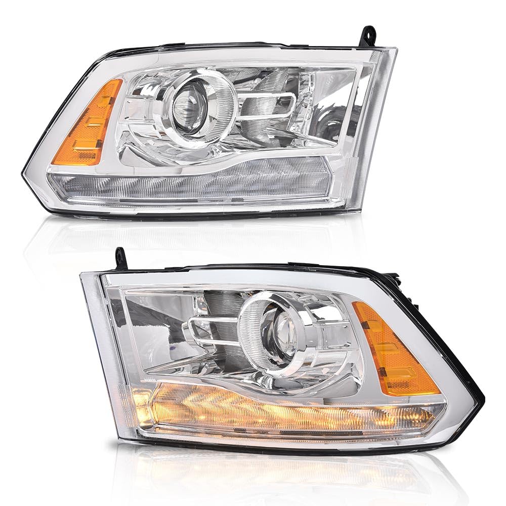 G-PLUS LED Bar Plank Style Headlights Fit for Dodge Ram 1500 2500 3500 2013-2018 Projector Headlamp,Fit Models w/Dual Beam& Quad Beam Models,Clear Lens Chrome Housing Amber Reflector