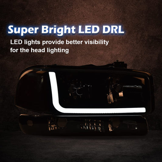 G-PLUS LED DRL Headlights Assembly, Compatible with 1999-2007 GMC Sierra 1500/2001-2007 GMC Sierra 1500 HD Bumper Headlamps, Smoky Lens Black Housing Amber Reflector,faros delanteros