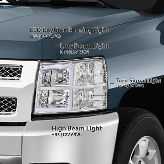 G-PLUS LED DRL Tube Projector Headlights W/o Bulbs Fit Chevy Silverado 1500 2007-2013/Fit Silverado 2500 HD 3500 HD 2007-2014 Clear Lens Chrome Housing Clear Reflector Bumper Headlamps