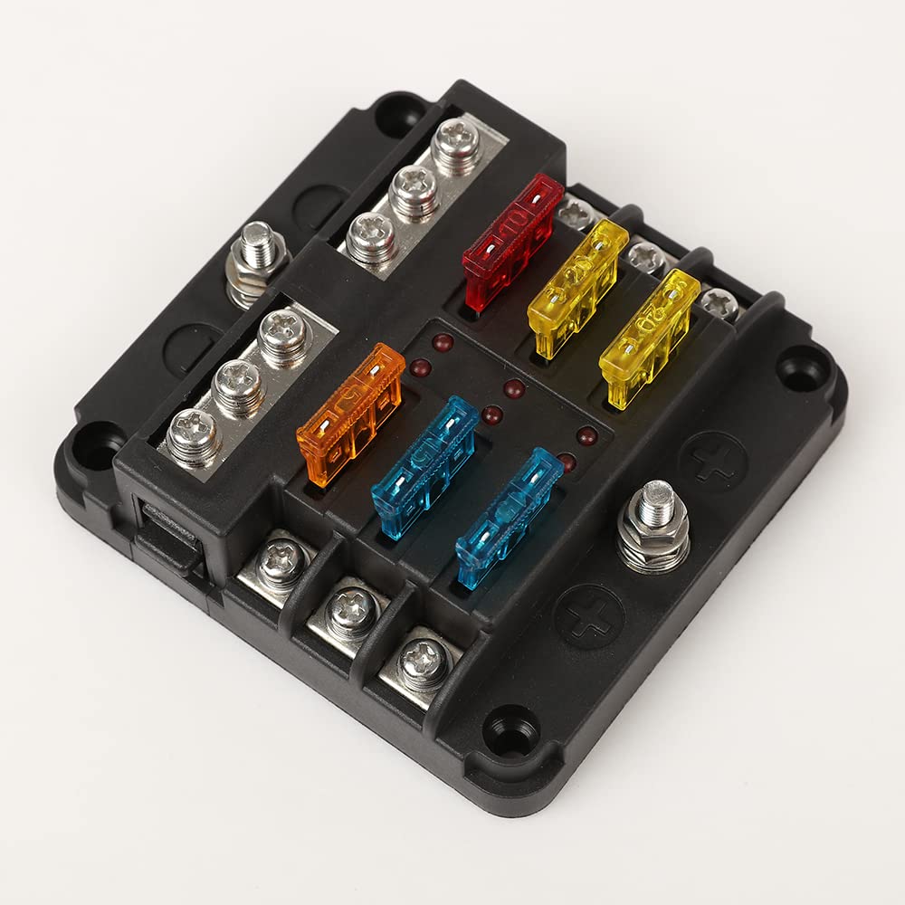 G-PLUS 6 Way Fuse Block Blade Fuse Box with LED Indicator for 12V 24V Car Marine 6 Circuit Fuse Holder Fuse Block 12V/24V 6 Way Car Auto Blade Fuse Board Box