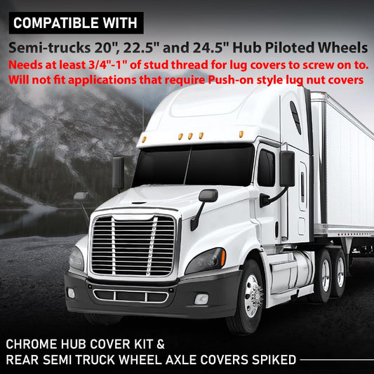 G-PLUS Front & Rear Wheel Cover Chrome Hub Cover Kit 33mm Spiked Hub Axle Compatible with Semi-Trucks 20", 22.5" and 24.5" Hub Piloted Wheels