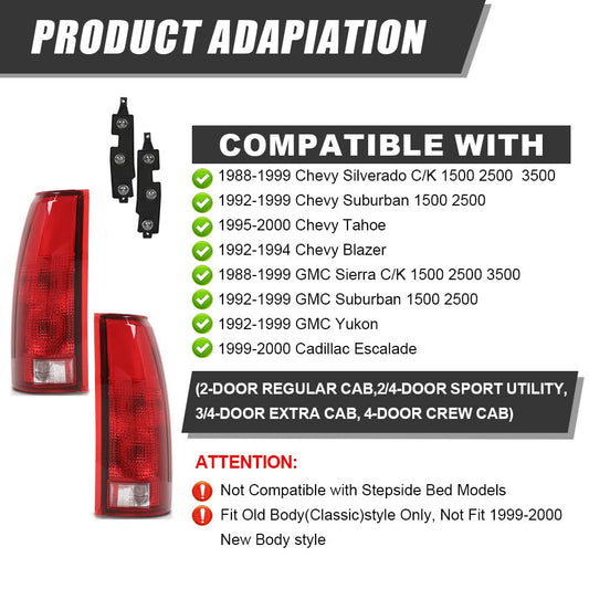 G-PLUS TAIL LIGHTS Assembly w/Bulb,Comaptible with Chevy GMC C/K 1500 2500 3500,TAIL LIGHTS | FIT CHEVY SILVERADO 1988-1999,Fit Chevy Blazer 1992-1994, Red Left&Right Luces Traseras, Faros Traseros Rear Lamps