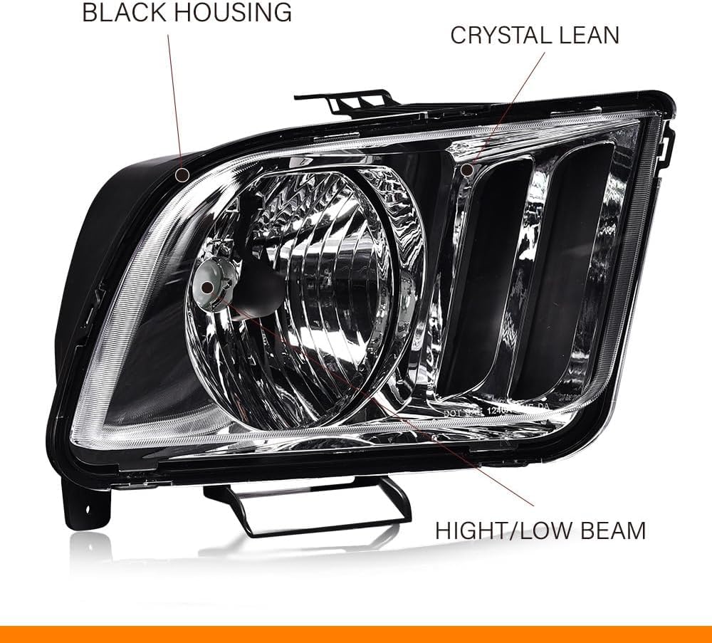 G-PLUS Headlights Assembly Compatible with Ford Mustang 2005-2009 4R3Z13008AA, 4R3Z13008AB Bumper Headlamps Left & Right Clear Lens Chrome Housing Amber Reflector faros delanteros