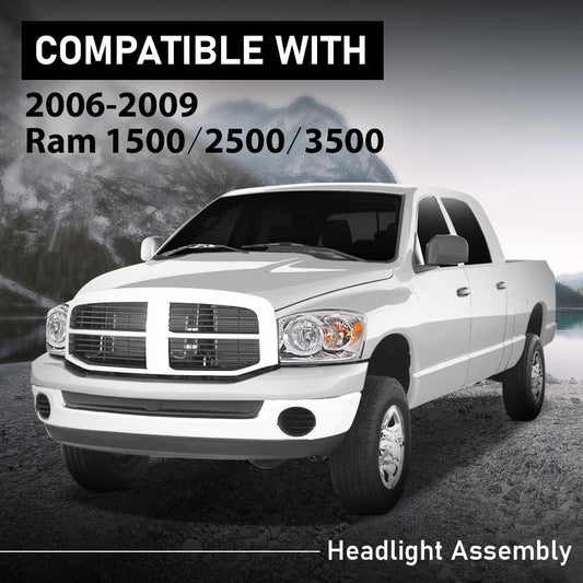 G-PLUS Headlights w/Bulbs Left Driver Side Compatible with Dodge Ram 1500 2006-2008/Fit Dodge Ram 2500 3500 2006-2009,Clear Lens Chrome Housing Amber Reflector Bumper Headlamps,faros Assembly