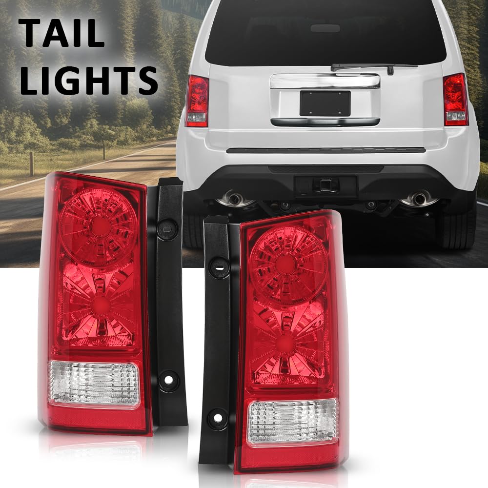 G-PLUS Tail Lights Rear Brake Lamp without Bulb and Wiring Harness Compatible with Honda Pilot 4-Door Sport Utility 2009-2015 Clear/Red Lens Driver and Passenger Side Luces TraserasAssembly