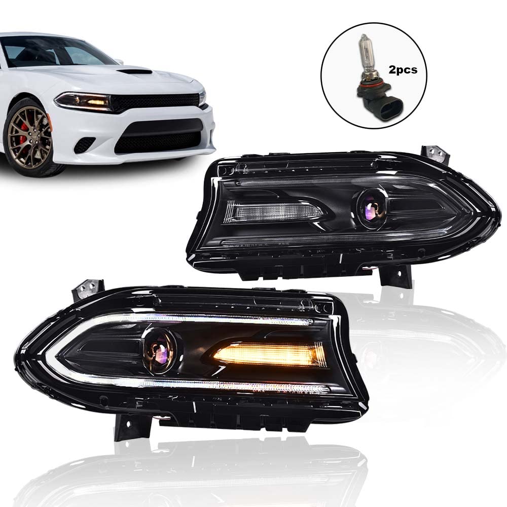 G-PLUS Headlights Assembly Front Headlamp Compatible with Dodge Charger 2015-2021 68214396AD, 68214397AD Clear Lens Black Housing Amber Reflector,Left & Right Bumper Headlamps,faros delanteros