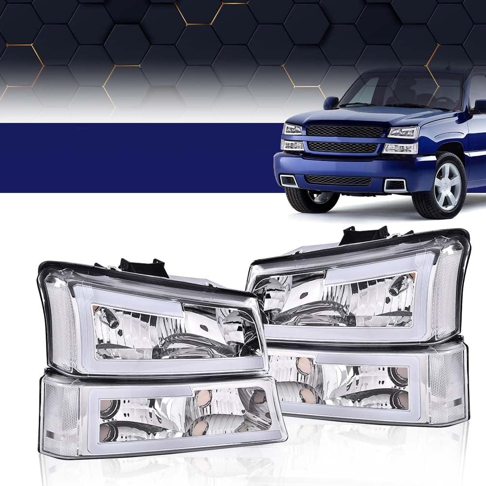 G-PLUS LED Headlights Compatible with Chevy Avalanche Silverado 1500 2500 HD 3500 2003-2006/Fit Chevy Silverado 1500 2500 3500 Classic 2007 Headlamp(Clear Lens Chrome Housing Clear Reflector)