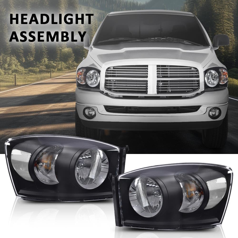 G-PLUS Headlights w/Bulbs Pair Compatible with Dodge Ram 1500 2006-2008 /Fit Dodge Ram 2500 3500 2006-2009,Clear Lens Black Housing Clear Reflector Bumper Headlamps,faros delanteros Assembly