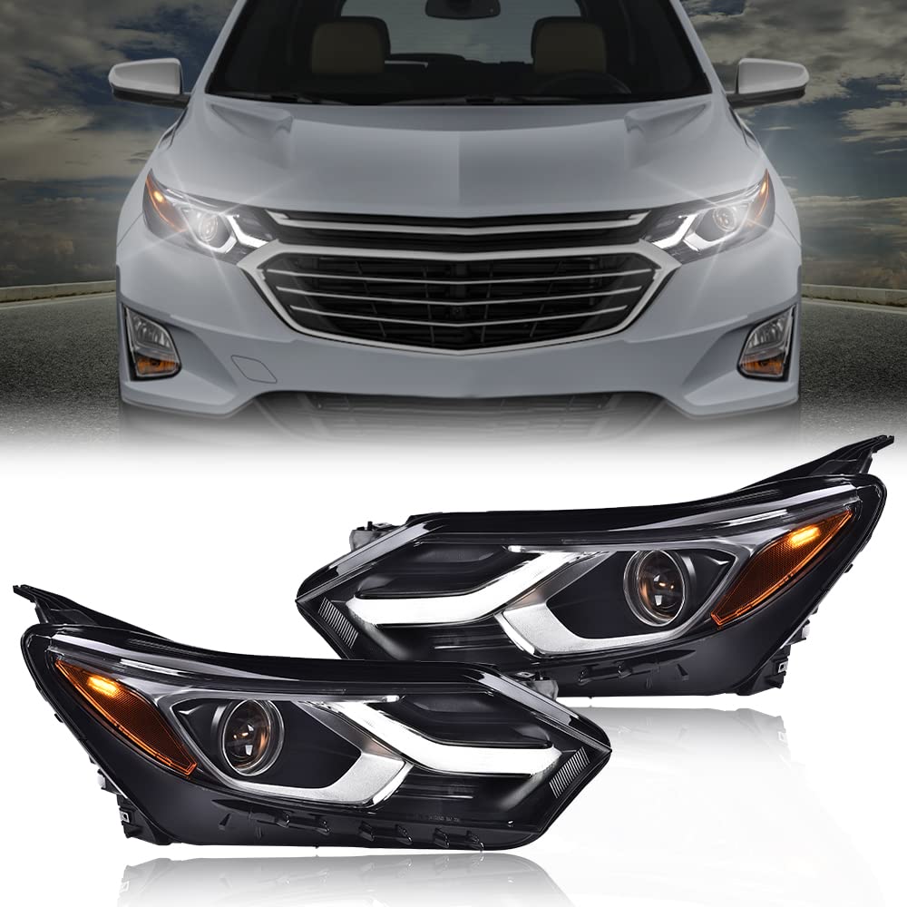 G-PLUS LED DRL Headlights Assembly Compatible with Chevy Equinox 2018 2019 2020 w/Factory Halogen Headlight Driver & Passenger Headlamps Clear Lens Chrome Housing 84258448,faros delanteros