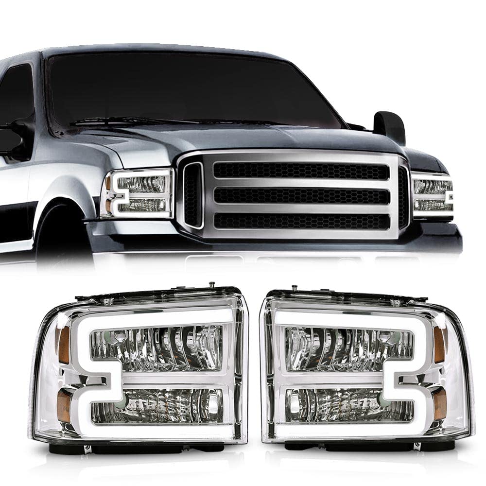 G-PLUS LED Headlights Compatible with Ford F250 F350 F450 F550 Super Duty 2005-2007 DRL BAR Headlamps Clear Lens Chrome Housing Amber Reflector,faros delanteros