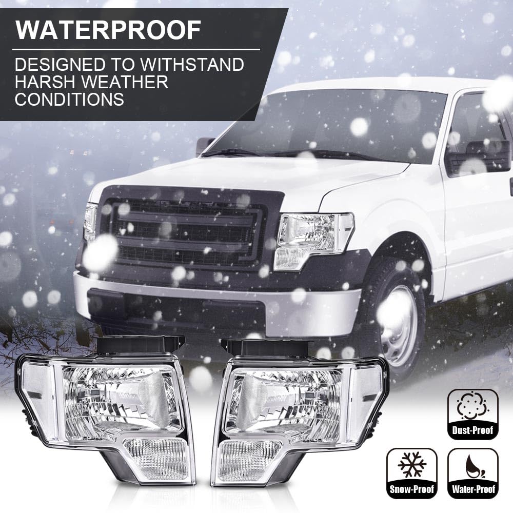 G-PLUS Headlights Assembly Compatible with Ford F150 2009-2014 Pair Left & Right Headlamps Assembly, Clear Lens Chrome Housing Clear Reflector, faros delanteros, DL3Z13008A DL3Z13008B