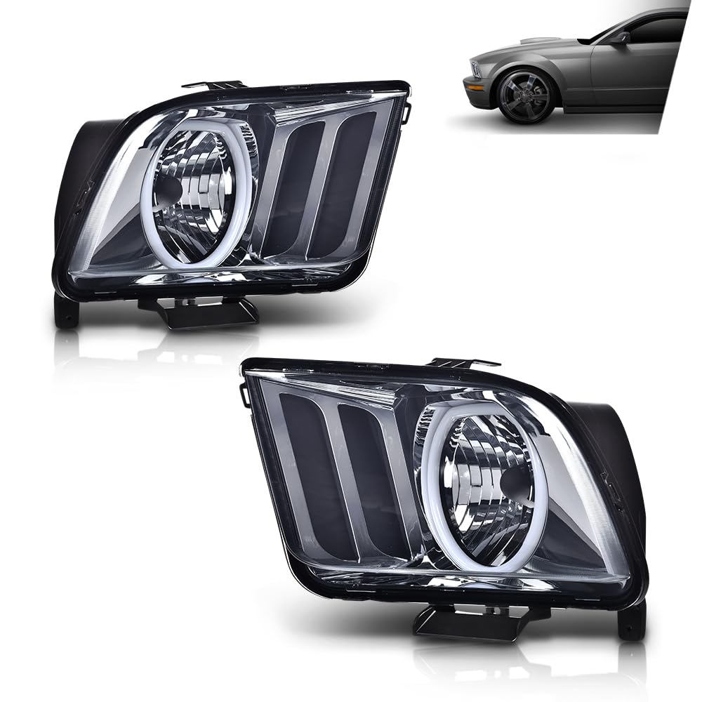 G-PLUS LED Headlights Assembly Compatible with Ford Mustang 2005-2009 7R3Z13008D, 7R3Z13008C Bumper Headlamps Left & Right Smoky Lens Chrome Housing Amber Reflector faros delanteros