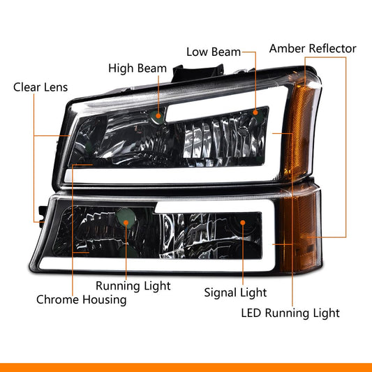 G-PLUS LED DRL Front Headlights, Compatible with 2003-2006 Chevy Silverado Avalanche 1500 2500 3500 Bumper Headlamps, Clear Lens Chrome Housing Amber Reflector(Left+Right)