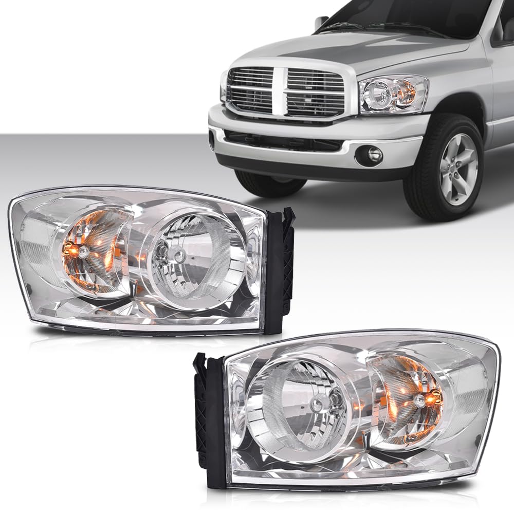 G-PLUS Headlights w/Bulbs Pair Compatible with Dodge Ram 1500 2006-2008/Fit Dodge Ram 2500 3500 2006-2009,Clear Lens Chrome Housing Clear Reflector Bumper Headlamps,faros delanteros Assembly