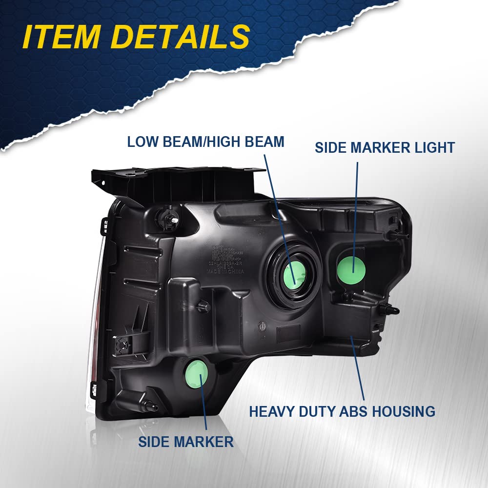 G-PLUS Headlights Assembly, Compatible with Ford F150 2009-2014(NOT Fit LED Style,Only Fit without LED Style) Bumper Headlamps, Clear Lens Chrome Housing Amber Reflector,faros delanteros