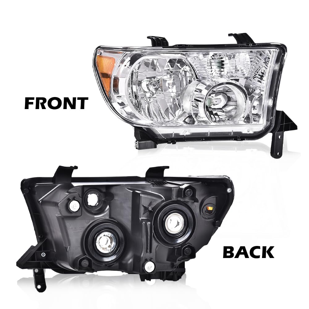 G-PLUS Headlights Compatible with Toyota Tundra 2007-2013/Compatible with Toyota Sequoia 2008-2017 Headlamps Pair Halogen Clear Lens Chrome Housing Amber Reflector,faros delanteros