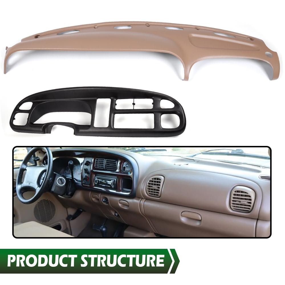 G-PLUS Dash Bezel + Dashboard Cover Set w/Clips Compatible with 1998-2002 Dodge Ram 1500 2500 3500 Beige