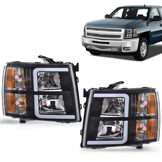 G-PLUS LED DRL Tube Projector Headlights W/o Bulbs Fit Chevy Silverado 1500 2007-2013/Fit Silverado 2500 HD 3500 HD 2007-2014 Clear Lens Black Housing Amber Reflector Bumper Headlamps