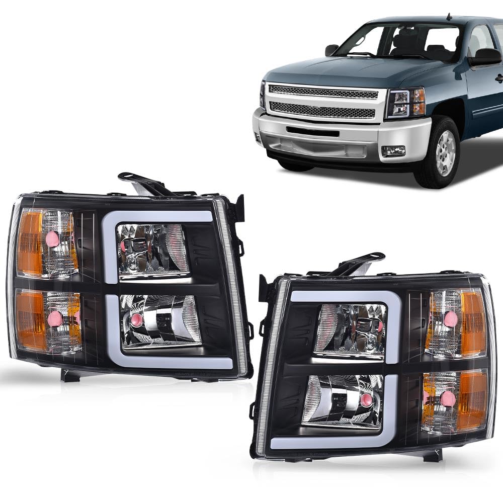 G-PLUS LED DRL Headlights Assembly Fit Chevy Silverado 1500 2007-2013/Fit 2007-2014 Chevy Silverado 2500 HD 3500 HD,Headlamps Clear Lens Black Housing Amber Reflector,faros delanteros