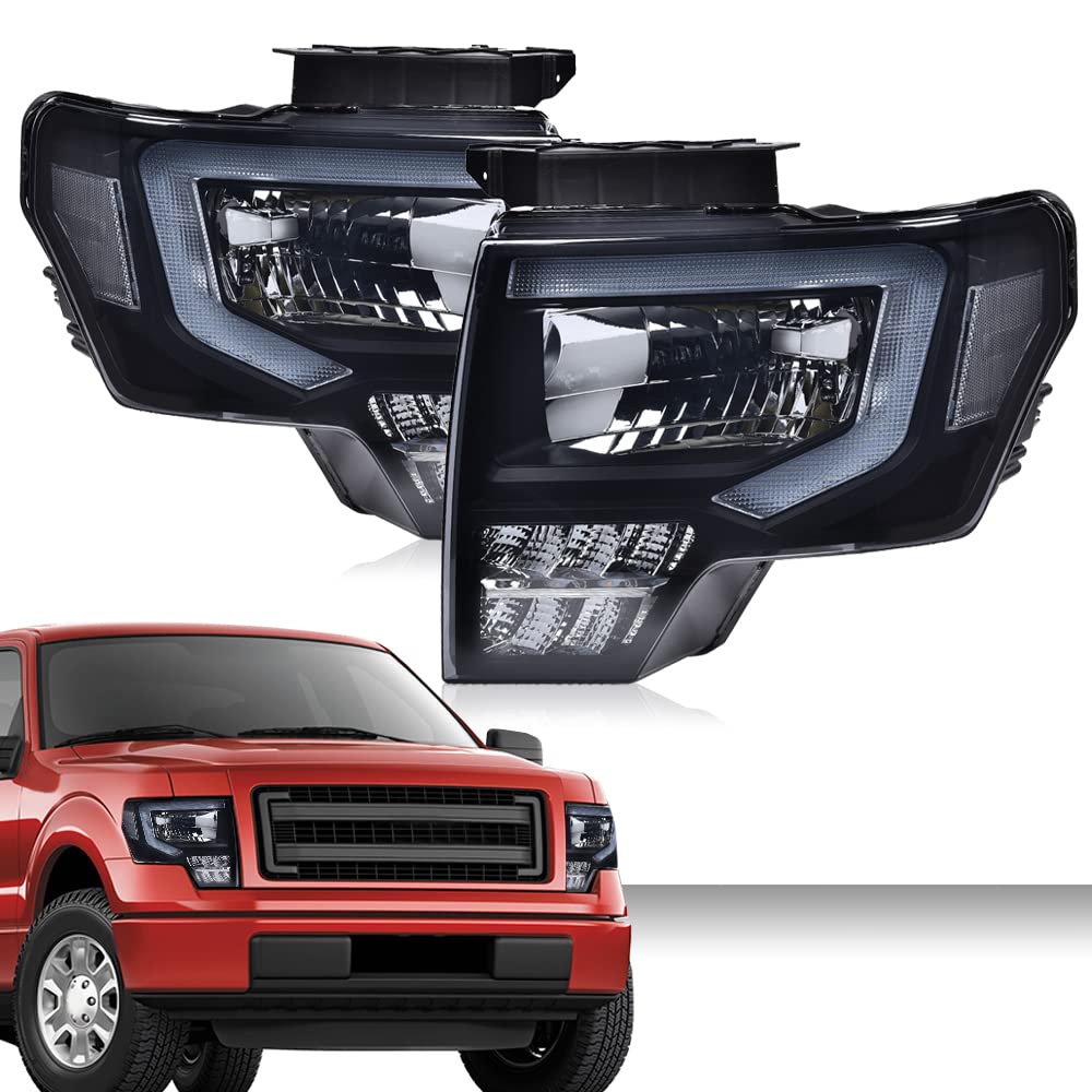 G-PLUS LED Tube Headlights Assembly Compatible with Ford F150 2009-2014 Pair Left & Right Headlamps Assembly, Smoky Lens Black Housing Clear Reflector, faros delanteros, DL3Z13008A DL3Z13008B