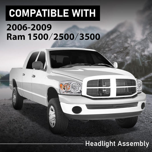 G-PLUS Headlights w/Bulbs Pair Compatible with Dodge Ram 1500 2006-2008/Fit Dodge Ram 2500 3500 2006-2009 68003125AD, 68003124AD, CH2502180, CH2503180 Clear Lens Chrome Housing Amber Reflector