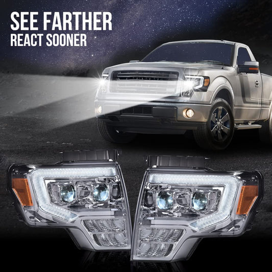 G-PLUS Headlights LED DRL Compatible with Ford F150 2009-2014 Headlamps Pair Left & Right Tube Dual Projector Smoky Lens Chrome Housing Amber Reflector,faros delanteros