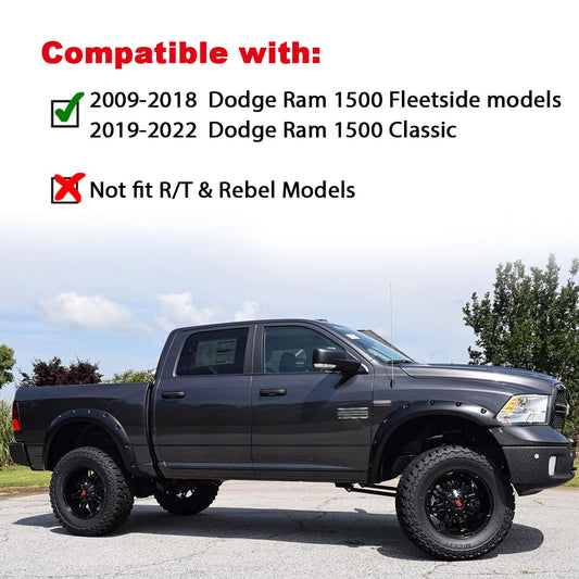 G-PLUS Fender Flares, Compatible With 2009-2018 Dodge Ram 1500, Compatible With 2019-2022 Dodge Ram 1500 Classic 4PCS(Excludes R/T & Rebel), Black