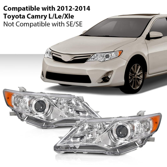 G-PLUS Headlights Assembly Compatible with Toyota Camry L/Le/Xle 2012-2014 Headlamps Pair Halogen Clear Lens Chrome Housing Amber Reflector,faros delanteros