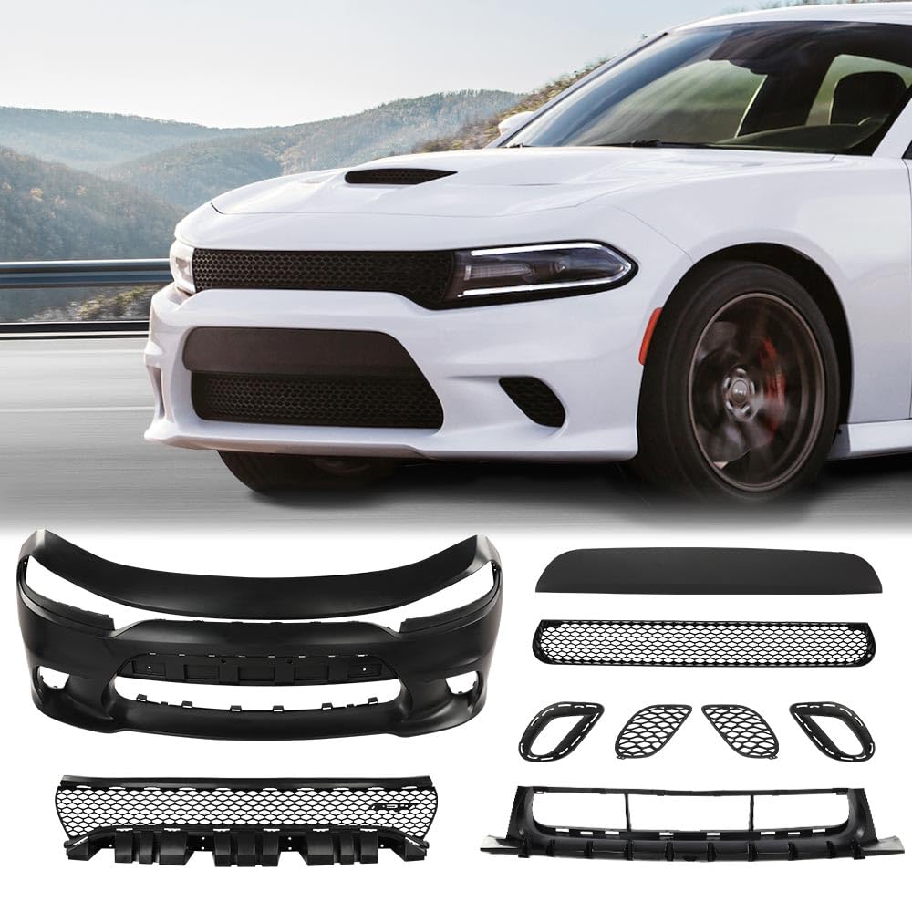 G-PLUS Front Bumper Body Kit Compatible with Dodge Charger 2015 2016 2017 2018 2019 2020 2021 2022 SRT Style 9PCS, Black