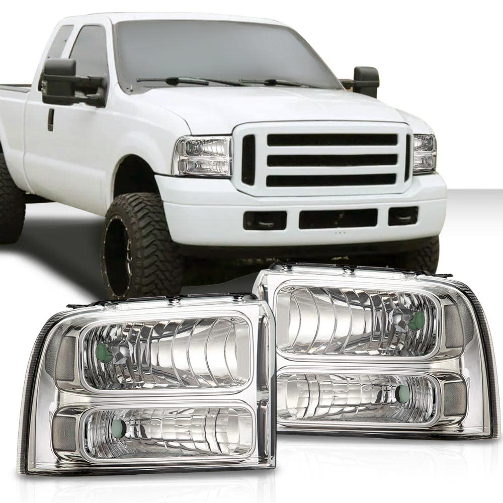 G-PLUS Headlights Compatible with Ford F250 F350 Super Duty 2005 2006 2007 Bumper Headlamps Assembly, Clear Lens Chrome Housing Clear Reflector Left Driver &Right Passenger