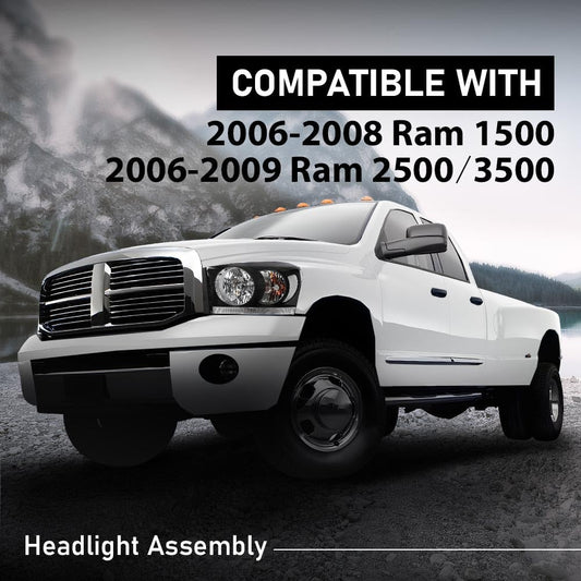 G-PLUS Headlights Assembly w/Bulbs Light Bar Left and Right Side Compatible with Dodge Ram 1500 2006-2008/Fit Dodge Ram 2500 3500 2006-2009 Clear Lens Black Housing Clear Reflector