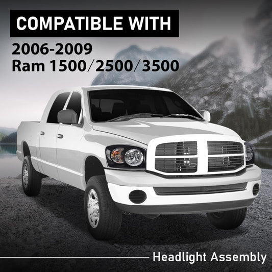 G-PLUS Headlights w/Bulbs Pair Compatible with Dodge Ram 1500 2006-2008 /Fit Dodge Ram 2500 3500 2006-2009,Clear Lens Black Housing Clear Reflector Bumper Headlamps,faros delanteros Assembly