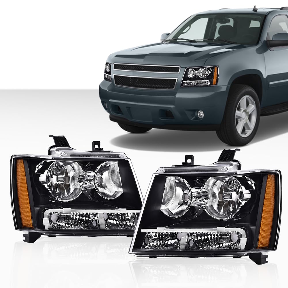 G-PLUS Headlights Assembly Compatible with Chevy Tahoe Subarban Avalanche 2007-2014 Pair Bumper Corner Headlamps Left & Right Clear Lens Black Housing Amber Reflector,faros delanteros