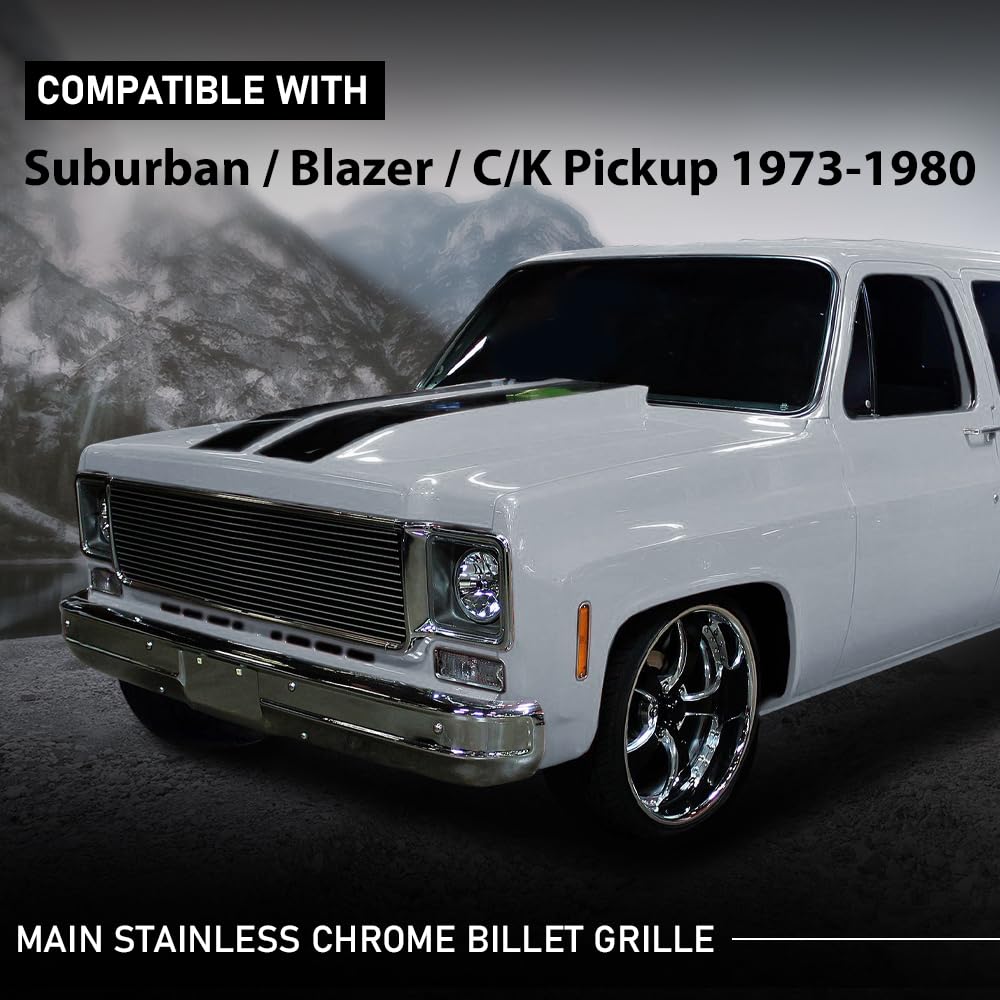 G-PLUS Main Stainless Steel Chrome Billet Grille Grill Compatible with Chevy Blazer C/K Pickup Suburban 1973-1980, Compatible with GMC C/K Pickup Suburban 1973-1980
