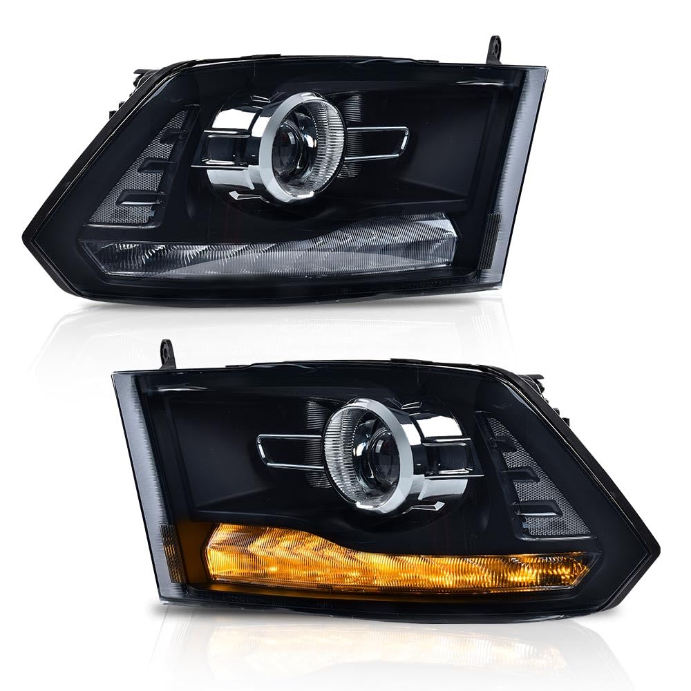 G-PLUS LED Bar Plank Style Headlights Fit for Dodge Ram 1500 2500 3500 2013-2018 Projector Headlamp,Fit Models w/Dual Beam& Quad Beam Models,Smoky Lens Black Housing Clear Reflector