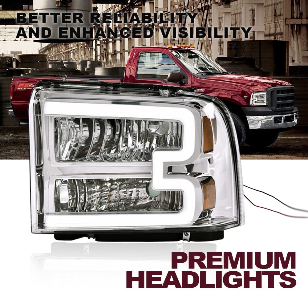 G-PLUS LED DRL Headlights, Compatible with 2005 2006 2007 Ford F250 F350 F450 F550 Super Duty Bumper Headlamps, Clear Lens Chrome Housing Amber Reflector