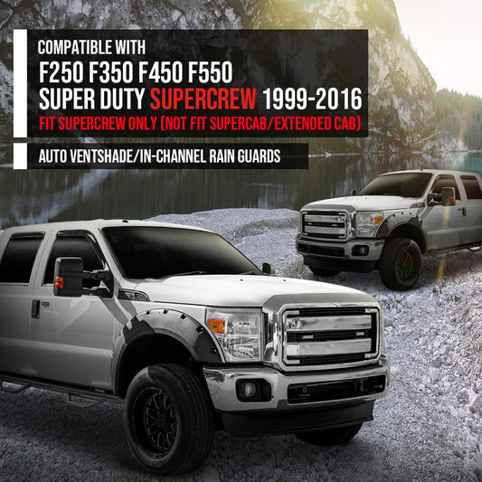 G-PLUS in-Channel Auto Vent Window Visor 4pcs Compatible with Ford F250 F350 F450 F550 Super Duty Supercrew 1999-2016, Not Fit Supercab Or Extended Cab in-Channel Rain Guards Smoke