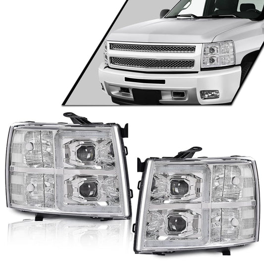 G-PLUS LED Tube Dual Projector Headlights Assembly,HEADLIGHTS | Fit Chevy Silverado 1500 2007-2013/Fit Silverado 2500 3500 & HD 2007-2014,Clear Lens Chrome Housing Clear Reflector,faros delanteros