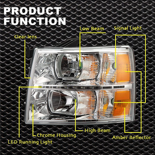 G-PLUS LED DRL Headlights, Compatible with Chevy Silverado 1500 2007-2013/Fit 2007-2014 Chevy Silverado 2500 3500 & HD Bumper Headlamps, Clear Lens Chrome Housing Amber Reflector,faros delanteros