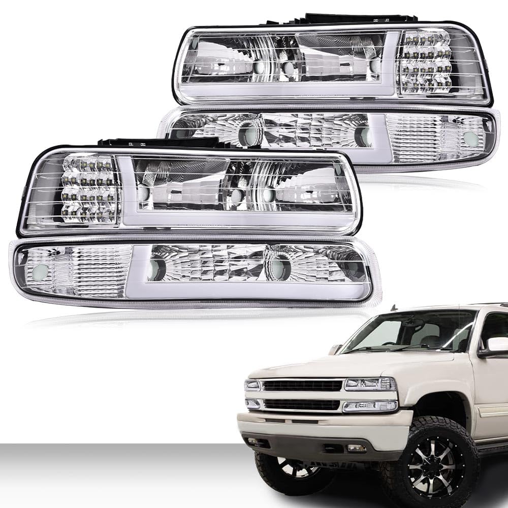 G-PLUS LED Headlights Assembly Fit Chevy Silverado 1999-2002,Fit Chevy Tahoe/Suburban 1500 2500 2000-2006,Headlamps Left & Right Clear Lens Chrome Housing Clear Reflector