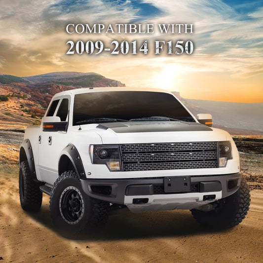 G-PLUS Fender Flares 4PCS Compatible with Ford F150 2009-2014 Rivet Style Matte Black Front View