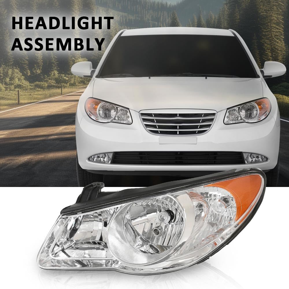 G-PLUS Headlights Assembly w/o Bulb Compatible with Elantra 2007-2010 Left Side Headlamp, Clear Lens Chrome Housing Amber Reflector, HY2502138, HY2503138, 921012H050, faros delanteros