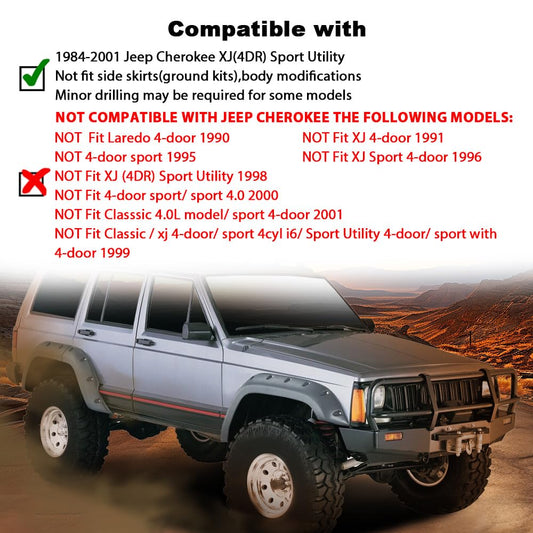 G-PLUS Fender Flares Compatible with Jeep Cherokee XJ 1984-2001 4-Door Sport Utility Models Not Fit Models with Side Skirts(Ground Kits Body Modification) 4pcs Black