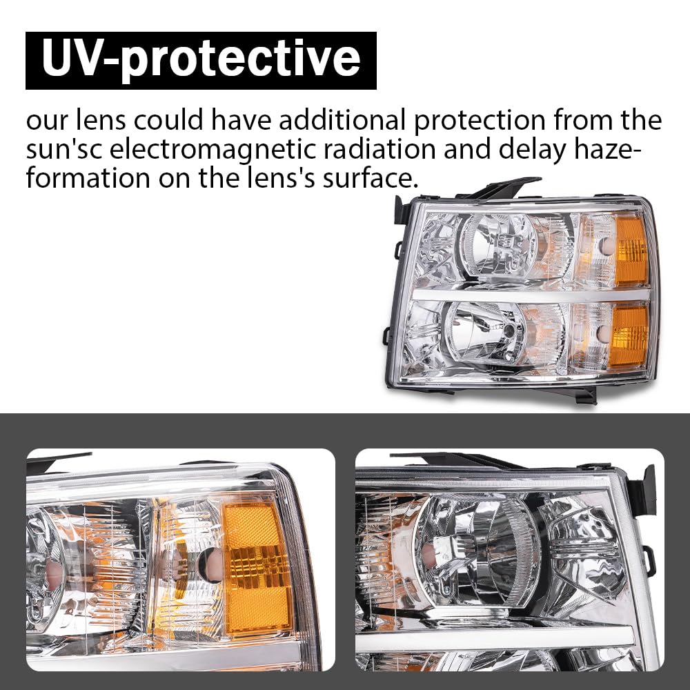 G-PLUS Headlights Assembly, Compatible with Chevy Silverado 2007-2013 1500/Fit Chevy Silverado 2500 HD 3500HD 2007-2014 Bumper Headlamp, Clear lens Chrome Housing Amber Reflector