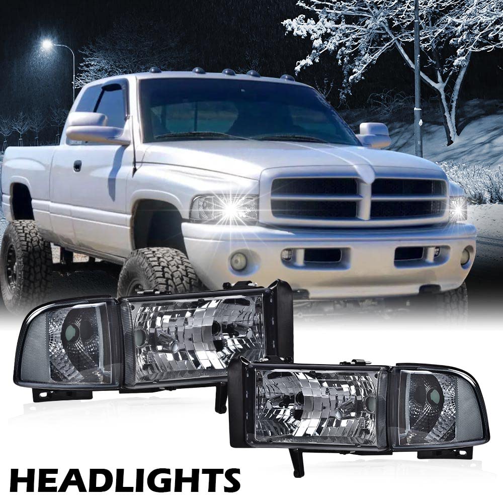 G-PLUS Headlights Fit Dodge Ram 1500 1994-2001/Fit Dodge Ram 2500 3500 1994-2002,Not fit Ram Sport,Headlamps w/o Bulbs Smoky Lens Chrome Housing Clear Reflector,faros delanteros Assembly