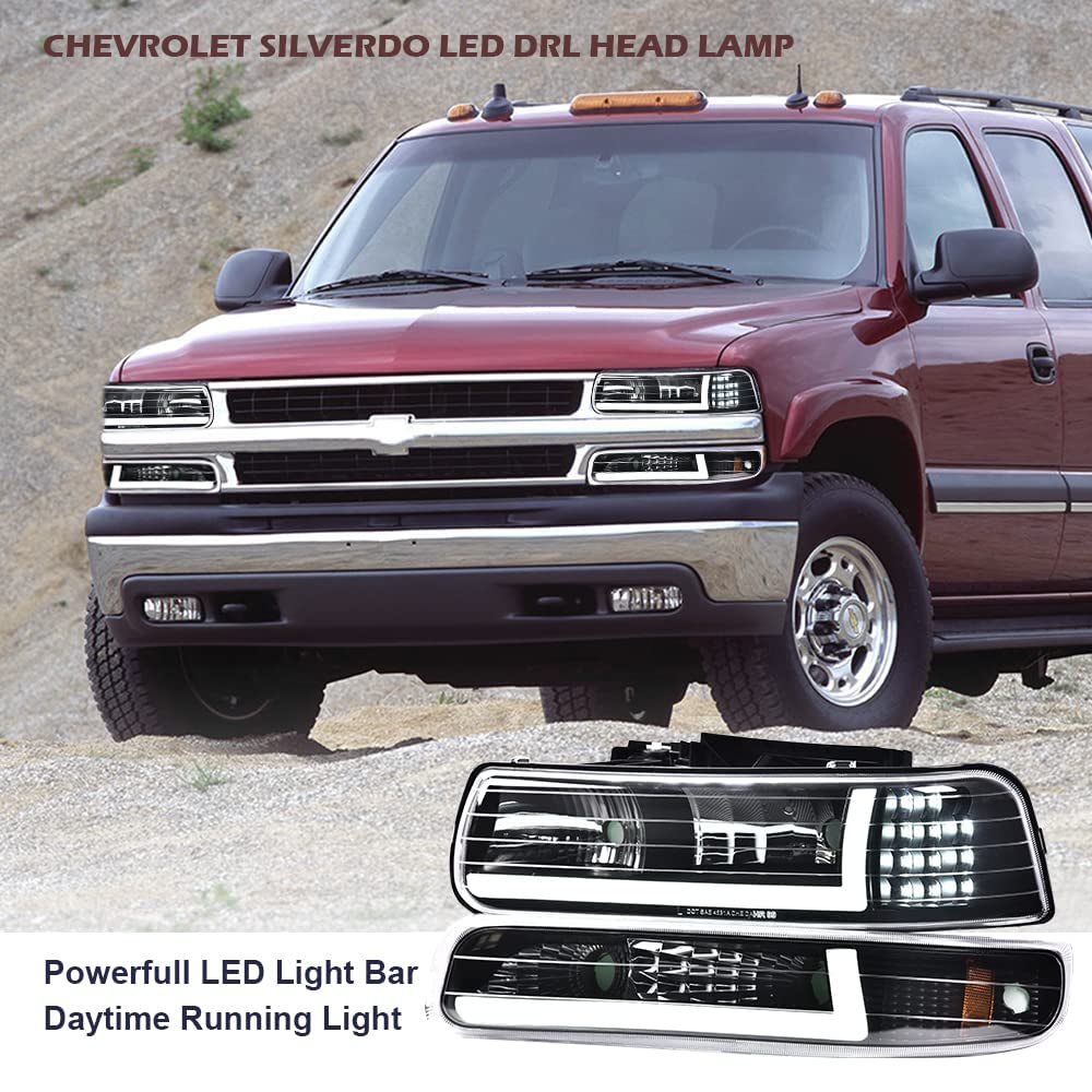 G-PLUS LED DRL Headlights, Compatible with 1999 2000 2001 200 2003 2004 2005 2006 Silverado/Suburban Bumper Headlamps, Clear Lens Black Housing Amber Reflector