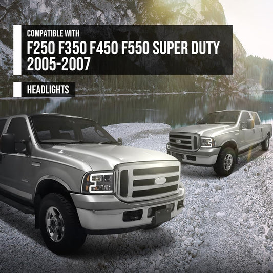 G-PLUS LED DRL BAR Headlight Assembly Compatible with Ford F250 F350 F450 F550 Super Duty 2005-2007/Fit Ford Excursion 2005 HeadLamps Clear lens Black Housing Amber Reflector FO2503217 6C3Z13008CB
